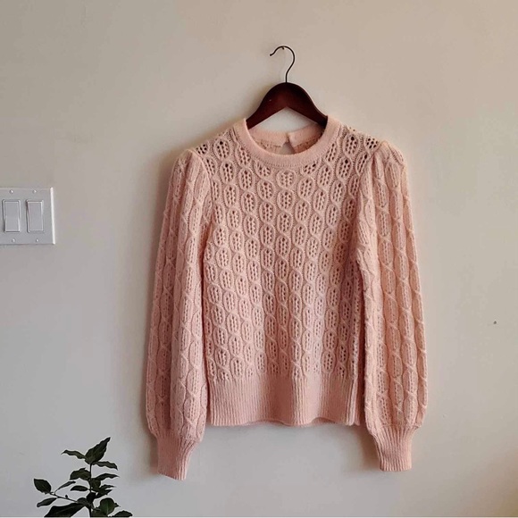 J. Crew Balloon Sleeve Eyelet Cable Knit Sweater in Peach Alpaca Blend - Picture 3 of 9